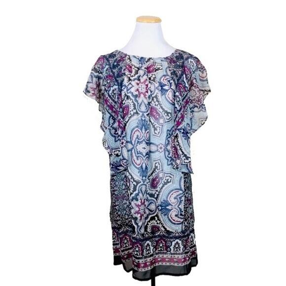 JOIE Vintage Silk Paisley Flutter Sleeve Sheer Shift Dress XS Ruffle Classic - Picture 1 of 8